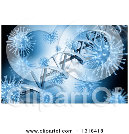Clipart of a 3d Blue Medical Background of Dna Strands and Viruses - Royalty Free Illustration by KJ Pargeter