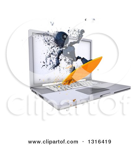 Clipart of a 3d Blue Android Robot Surfing the Internet over a Laptop Computer, with Flying Pixels, on White - Royalty Free Illustration by KJ Pargeter