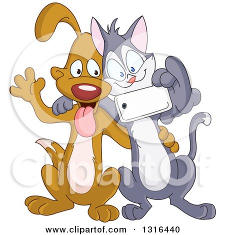 Clipart of a Cartoon Cat and Dog Posing to Take a Selfie - Royalty Free Vector Illustration by yayayoyo