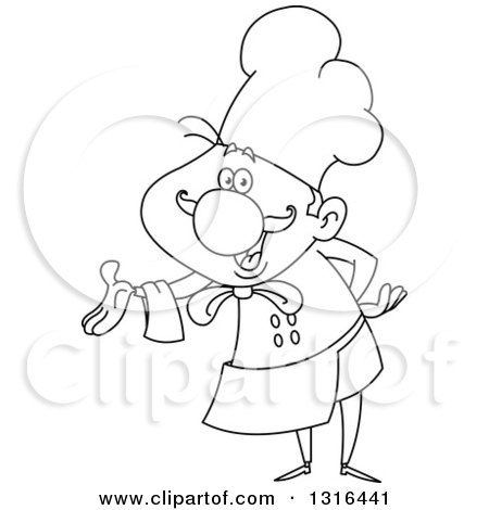 Lineart Clipart of a Cartoon Black and White Male Chef Presenting - Royalty Free Outline Vector Illustration by yayayoyo