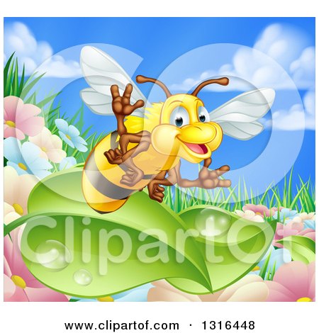 Clipart of a Cartoon Friendly Bee Waving and Flying over Leaves and a Flower Garden - Royalty Free Vector Illustration by AtStockIllustration