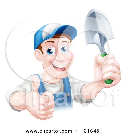 Clipart of a Brunette White Male Gardener in Blue, Holding up a Shovel and Giving a Thumb up - Royalty Free Vector Illustration by AtStockIllustration