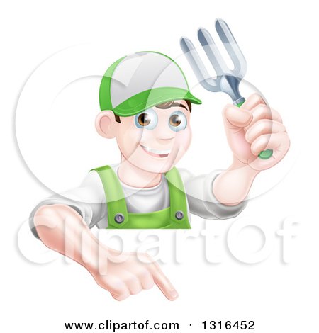 Clipart of a Young Brunette White Male Gardener in Green, Holding up a Garden Fork and Pointing down over a Sign - Royalty Free Vector Illustration by AtStockIllustration