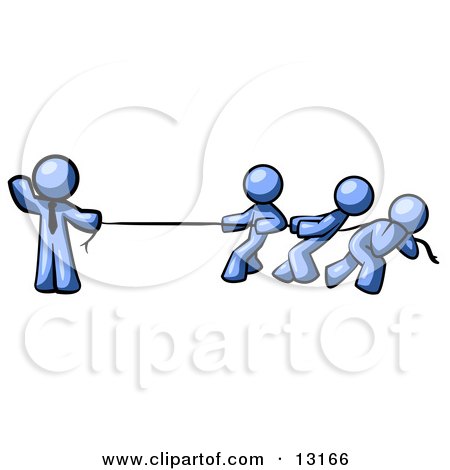Strong Blue Man Holding One End of Rope While Three Others Pull on the Other Side During Tug of War Clipart Illustration by Leo Blanchette