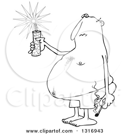Outline Clipart of a Cartoon Black and White Fat Man in Swim Shorts, Holding a Firecracker and Match - Royalty Free Lineart Vector Illustration by djart