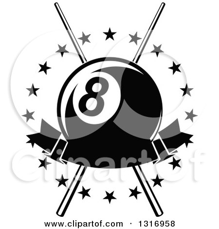 Clipart of a Black and White Billiards Pool Eightball over Crossed Cue Sticks in a Circle of Stars with a Blank Banner - Royalty Free Vector Illustration by Vector Tradition SM