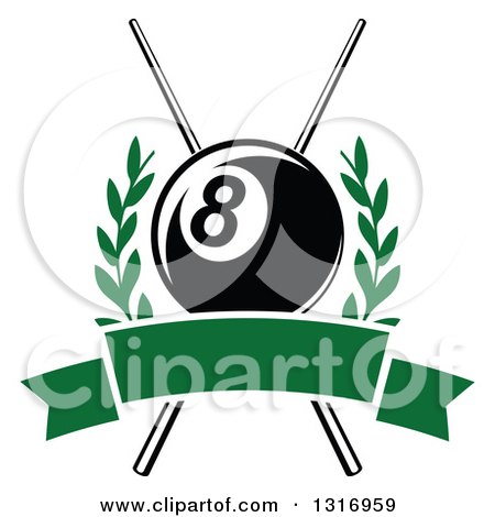 Clipart of a Billiards Pool Eightball over Crossed Cue Sticks in a Laurel Wreath with a Blank Green Banner - Royalty Free Vector Illustration by Vector Tradition SM