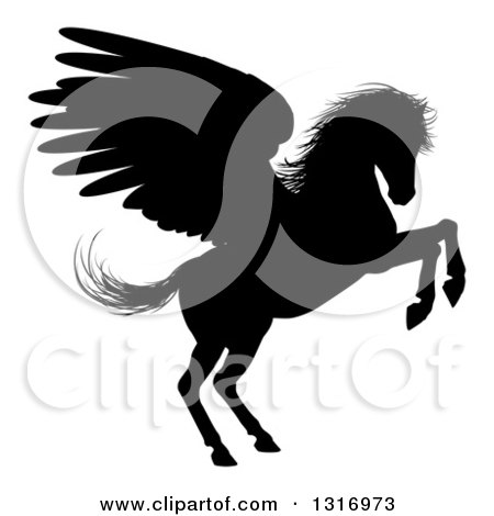 Clipart of a Black Silhouetted Rearing Winged Pegasus Horse - Royalty Free Vector Illustration by AtStockIllustration