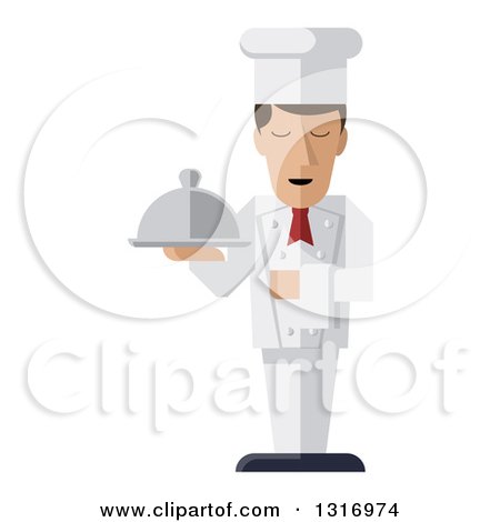 Clipart of a Modern Design Male Chef Holding a Cloth Napkin and Cloche Platter - Royalty Free Vector Illustration by AtStockIllustration