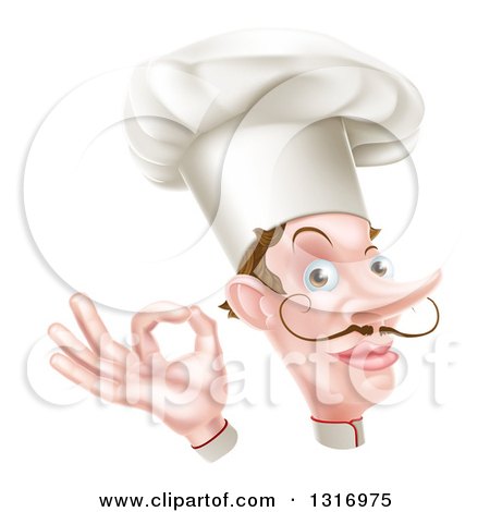 Clipart of a White Male Chef with a Curling Mustache, Gesturing Okay - Royalty Free Vector Illustration by AtStockIllustration