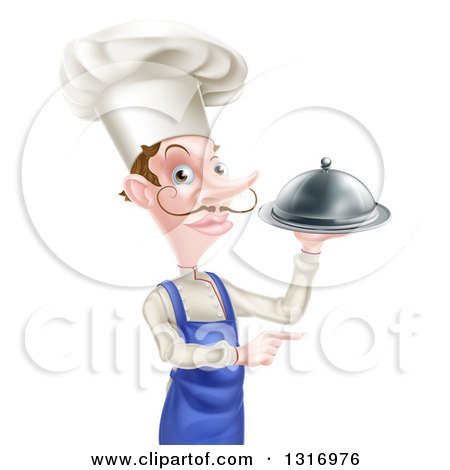 Clipart of a White Male Chef with a Curling Mustache, Pointing and Holding a Cloche Platter - Royalty Free Vector Illustration by AtStockIllustration