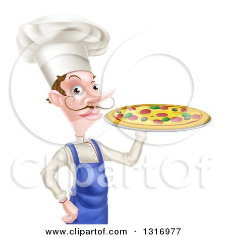Clipart of a White Male Chef with a Curling Mustache, Holding a Pizza - Royalty Free Vector Illustration by AtStockIllustration