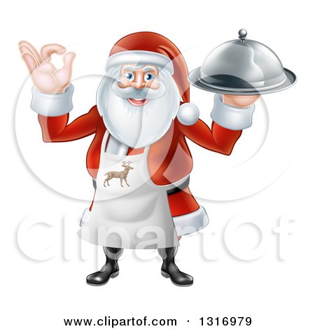 Clipart of a Happy Christmas Santa Claus Chef Gesturing Ok and Holding a Food Cloche Platter - Royalty Free Vector Illustration by AtStockIllustration