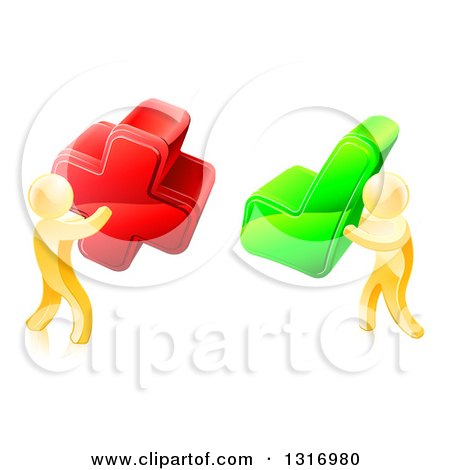 Clipart of 3d Right and Wrong Gold Men Carrying X and Check Marks - Royalty Free Vector Illustration by AtStockIllustration