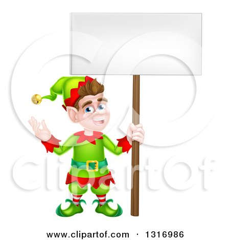 Clipart of a Cartoon Happy Male Christmas Elf Holding a Blank Sign - Royalty Free Vector Illustration by AtStockIllustration