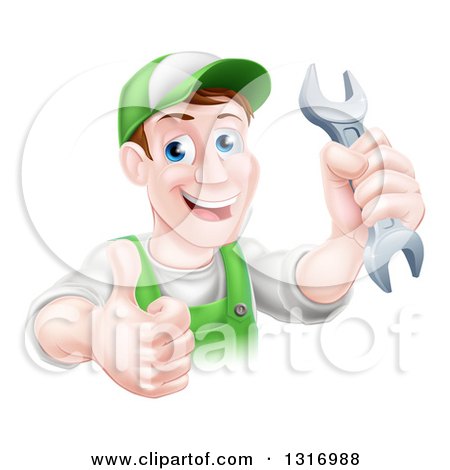 Clipart of a Happy Brunette Middle Aged Caucasian Mechanic Man in Green, Wearing a Baseball Cap, Holding a Wrench and Thumb up - Royalty Free Vector Illustration by AtStockIllustration