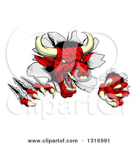 Clipart of a Mad Aggressive Clawed Red Bull Monster Slashing Through a Wall - Royalty Free Vector Illustration by AtStockIllustration