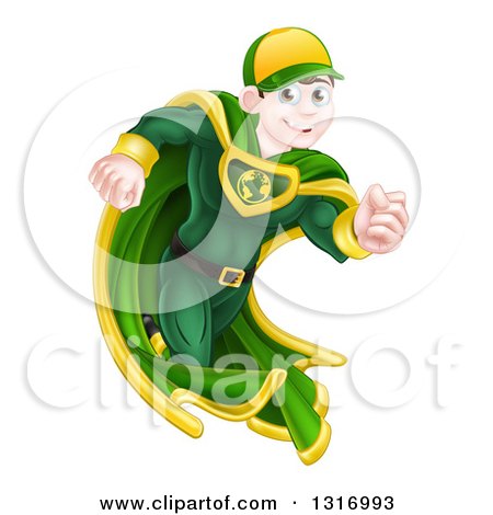 Clipart of a Happy Blue Eyed Brunette Caucasian Male Super Hero Running in a Green Suit - Royalty Free Vector Illustration by AtStockIllustration