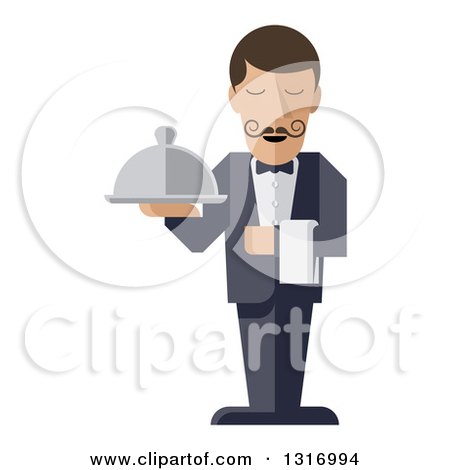 Clipart of a Modern Design Male Waiter with a Curling Mustache, Holding a Cloth Napkin and Cloche Platter - Royalty Free Vector Illustration by AtStockIllustration