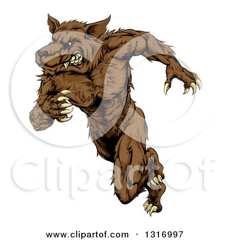 Clipart of a Brown Muscular Wolf Man Sprinting or Running Upright - Royalty Free Vector Illustration by AtStockIllustration