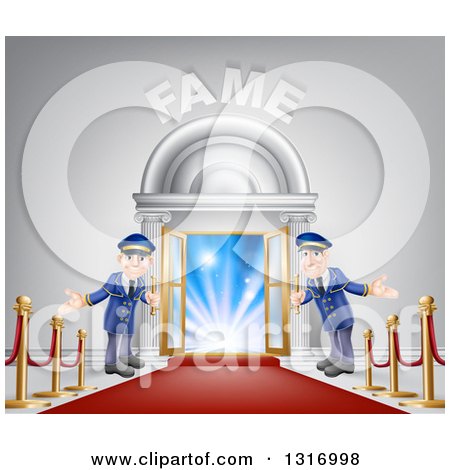 Clipart of a VIP Venue Entrance with Welcoming Friendly Doormen, Red Carpet, Posts and Fame Text - Royalty Free Vector Illustration by AtStockIllustration