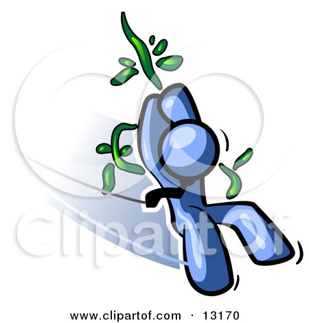 Blue Man Swinging on a Vine Like Tarzan Clipart Illustration by Leo Blanchette