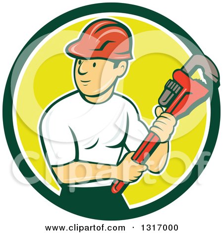 Clipart of a Retro Cartoon White Male Plumber Holding a Giant Monkey Wrench in a Green White and Yellow Circle - Royalty Free Vector Illustration by patrimonio