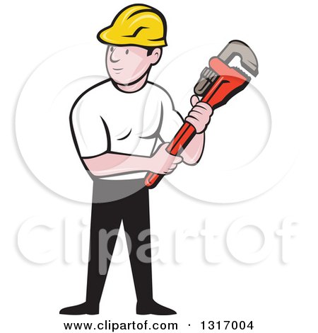 Clipart of a Cartoon White Male Plumber Holding a Monkey Wrench - Royalty Free Vector Illustration by patrimonio
