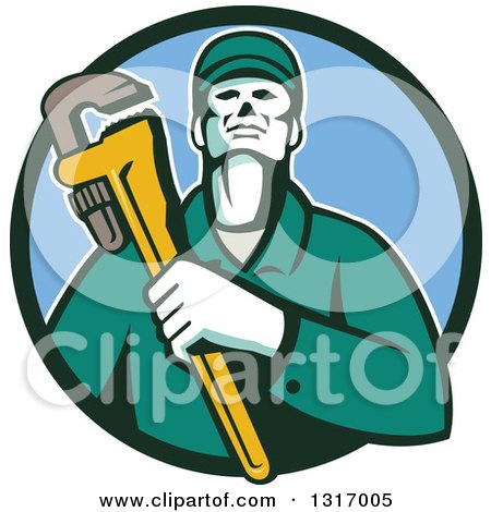 Clipart of a Retro Male Plumber Holding a Monkey Wrench in a Green and Blue Circle - Royalty Free Vector Illustration by patrimonio