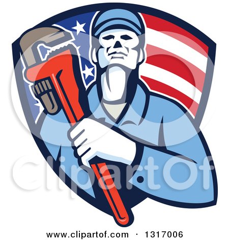 Clipart of a Retro Male Plumber Holding a Monkey Wrench and Amerging from an American Flag Shield - Royalty Free Vector Illustration by patrimonio