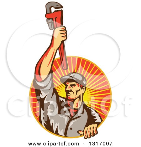 Clipart of a Retro White Male Plumber Holding up a Monkey Wrench and Emerging from a Sunset Ray Circle - Royalty Free Vector Illustration by patrimonio
