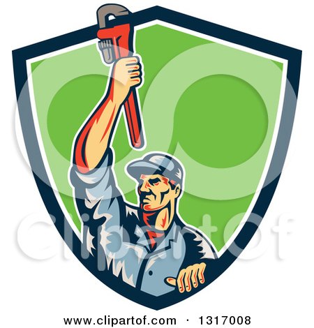 Clipart of a Retro White Male Plumber Holding up a Monkey Wrench and Emerging from a Blue White and Green Shield - Royalty Free Vector Illustration by patrimonio
