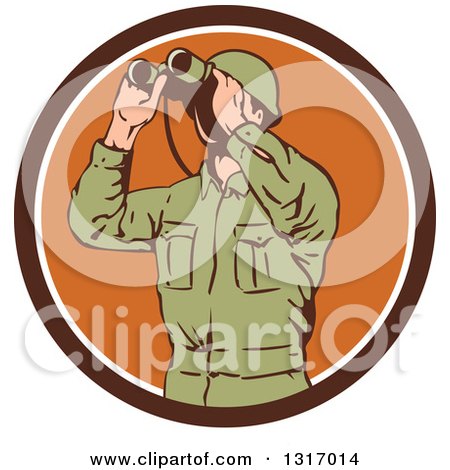 Clipart of a Retro World War Two American Soldier Using Binoculars in a Brown and White Circle - Royalty Free Vector Illustration by patrimonio