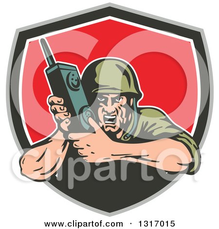 Clipart of a Retro Cartoon World War Two Soldier Holding a Field Radio in a Taupe Green White and Red Shield - Royalty Free Vector Illustration by patrimonio