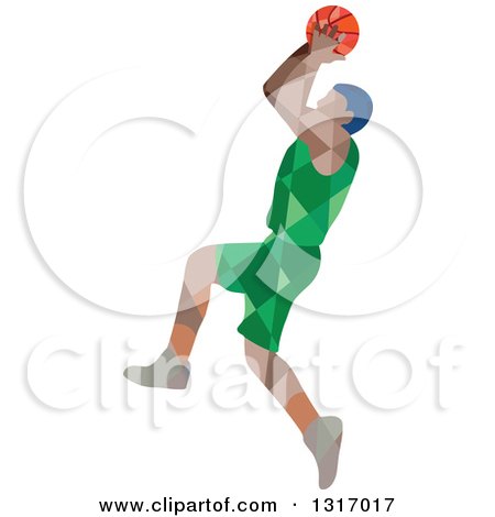 Clipart of a Retro Low Poly Geometric Male Basketball Player Doing a Jump Shot - Royalty Free Vector Illustration by patrimonio