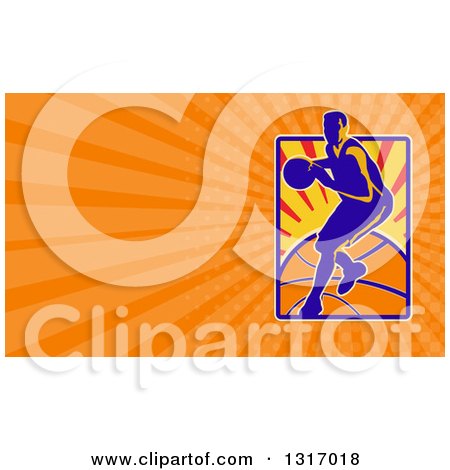 Clipart of a Retro Basketball Player in Action and Orange Rays Background or Business Card Design - Royalty Free Illustration by patrimonio