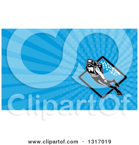 Clipart of a Retro Scuba Diver Swimming over a Diamond and Blue Rays Background or Business Card Design - Royalty Free Illustration by patrimonio