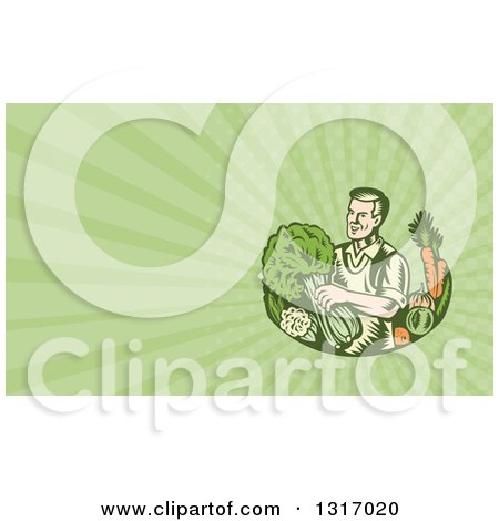 Clipart of a Retro Woodcut Organic Farmer or Grocer with with Produce and Green Rays Background or Business Card Design - Royalty Free Illustration by patrimonio