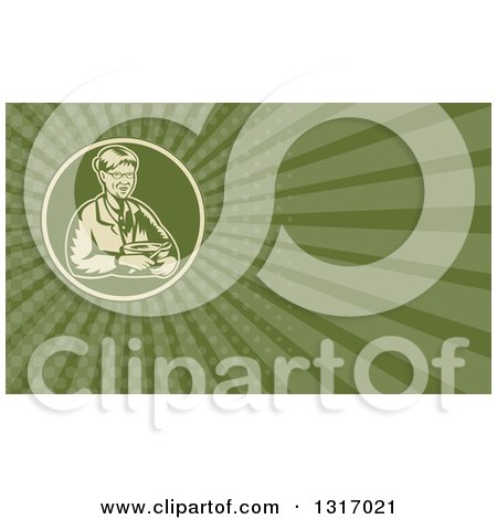 Clipart of a Retro Woodcut Granny Holding a Mixing Bowl and Green Rays Background or Business Card Design - Royalty Free Illustration by patrimonio