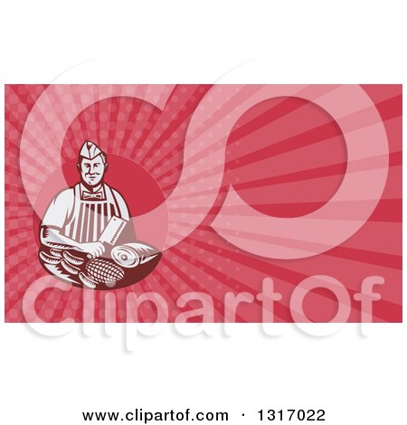 Clipart of a Retro Woodcut Butcher Holding a Knife over Meat and Pink Rays Background or Business Card Design - Royalty Free Illustration by patrimonio
