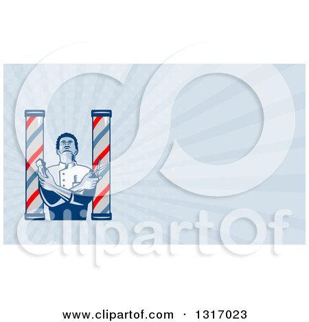 Clipart of a Retro Woodcut Barber Between Poles Holding Scissors and Clippers and Rays Background or Business Card Design - Royalty Free Illustration by patrimonio