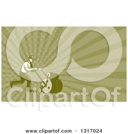 Clipart of a Retro Woodcut Male Gardener Using an Old Lawn Roller and Green Rays Background or Business Card Design - Royalty Free Illustration by patrimonio