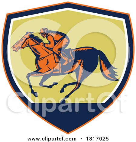 Clipart of a Retro Woodcut Horse Racing Jockey in an Orange, Navy Blue, White and Green Shield - Royalty Free Vector Illustration by patrimonio
