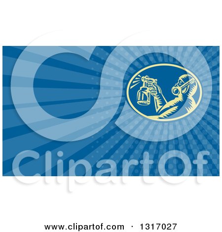 Clipart of a Retro Woodcut Painter Using a Spray Gun and Blue Rays Background or Business Card Design - Royalty Free Illustration by patrimonio