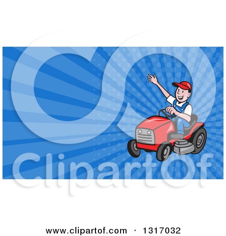 Clipart of a Cartoon Landscaper Waving and Operating a Ride on Lawn Mower and Blue Rays Background or Business Card Design - Royalty Free Illustration by patrimonio