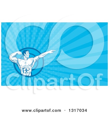 Clipart of a Retro Bodybuilder Flexing and Pointing and Blue Rays Background or Business Card Design - Royalty Free Illustration by patrimonio