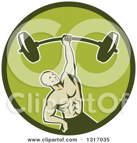 Clipart of a Retro Strongman Bodybuilder Lifting a Barbell One Handed in a Green Circle - Royalty Free Vector Illustration by patrimonio