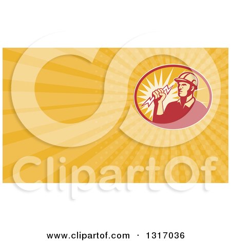 Clipart of a Retro Male Electrican Holding a Bolt and Yellow Rays Background or Business Card Design - Royalty Free Illustration by patrimonio