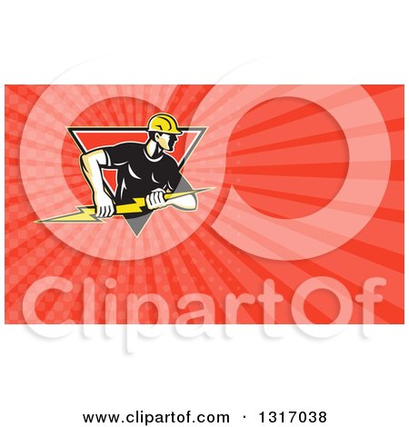 Clipart of a Retro Male Electrican Holding a Bolt with Both Hands and Red Rays Background or Business Card Design - Royalty Free Illustration by patrimonio