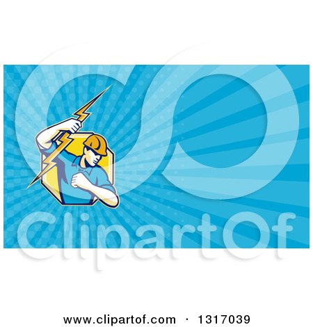 Clipart of a Retro Male Electrican Holding a Bolt and Blue Rays Background or Business Card Design - Royalty Free Illustration by patrimonio
